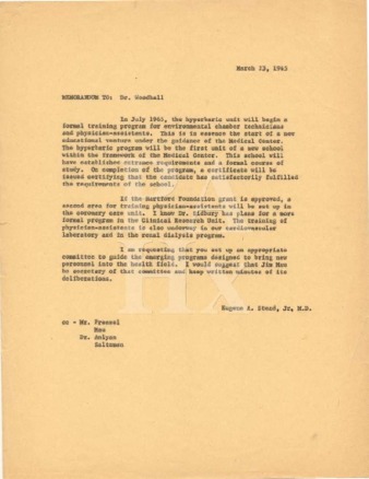 Correspondence from Eugene Stead to Barnes Woodhall regarding starting Physician's Assistant Training Program at Duke University - Correspondence: Stead to Woodhall 缩图
