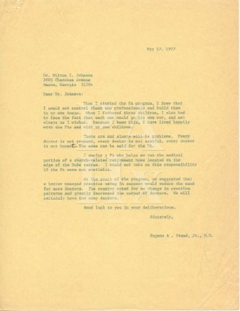 Correspondence from Eugene Stead regarding evolution of the Physician's Assistant concept at Duke University - 1977 Miniatura