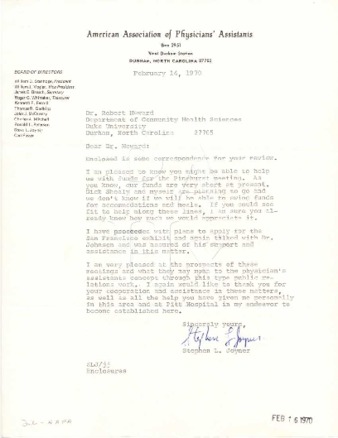 Correspondence from Stephen L. Joyner to Dr. D. Robert Howard regarding funding for attendance at the North Carolina Medical Society  Annual Meeting (1970  : Pinehurst, N.C.). Miniaturansicht