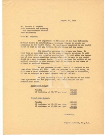 Correspondence from Eugene Stead to Everett Hopkins regarding starting a Physician's Assistant Training Program at Duke University - Correspondence: Stead to Hopkins 缩图