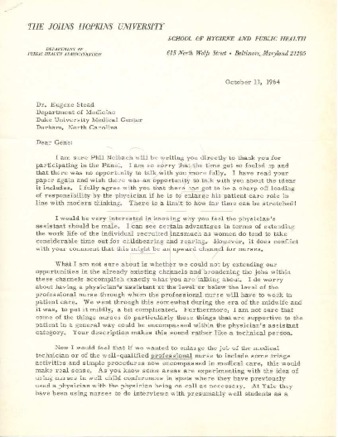 Correspondence from Freeman to Stead and Stead to Freeman regarding starting Physician's Assistant Training Program at Duke University - Correspondence: Freeman to Stead and Stead to Freeman 缩图
